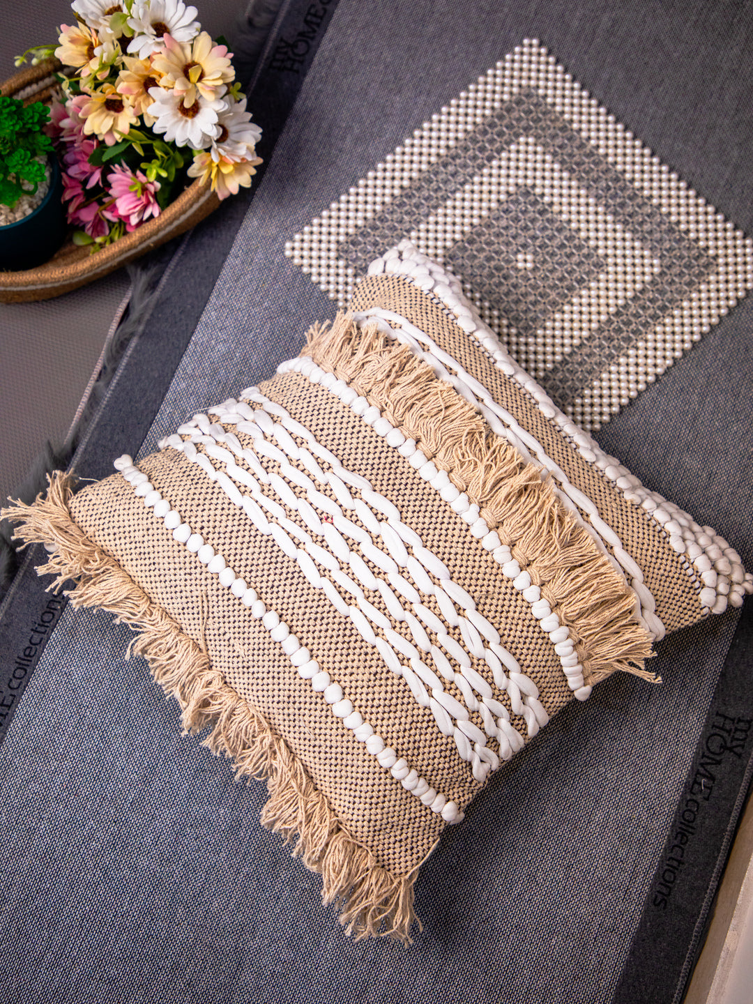 Beige And White Handloom Square Cushion Cover