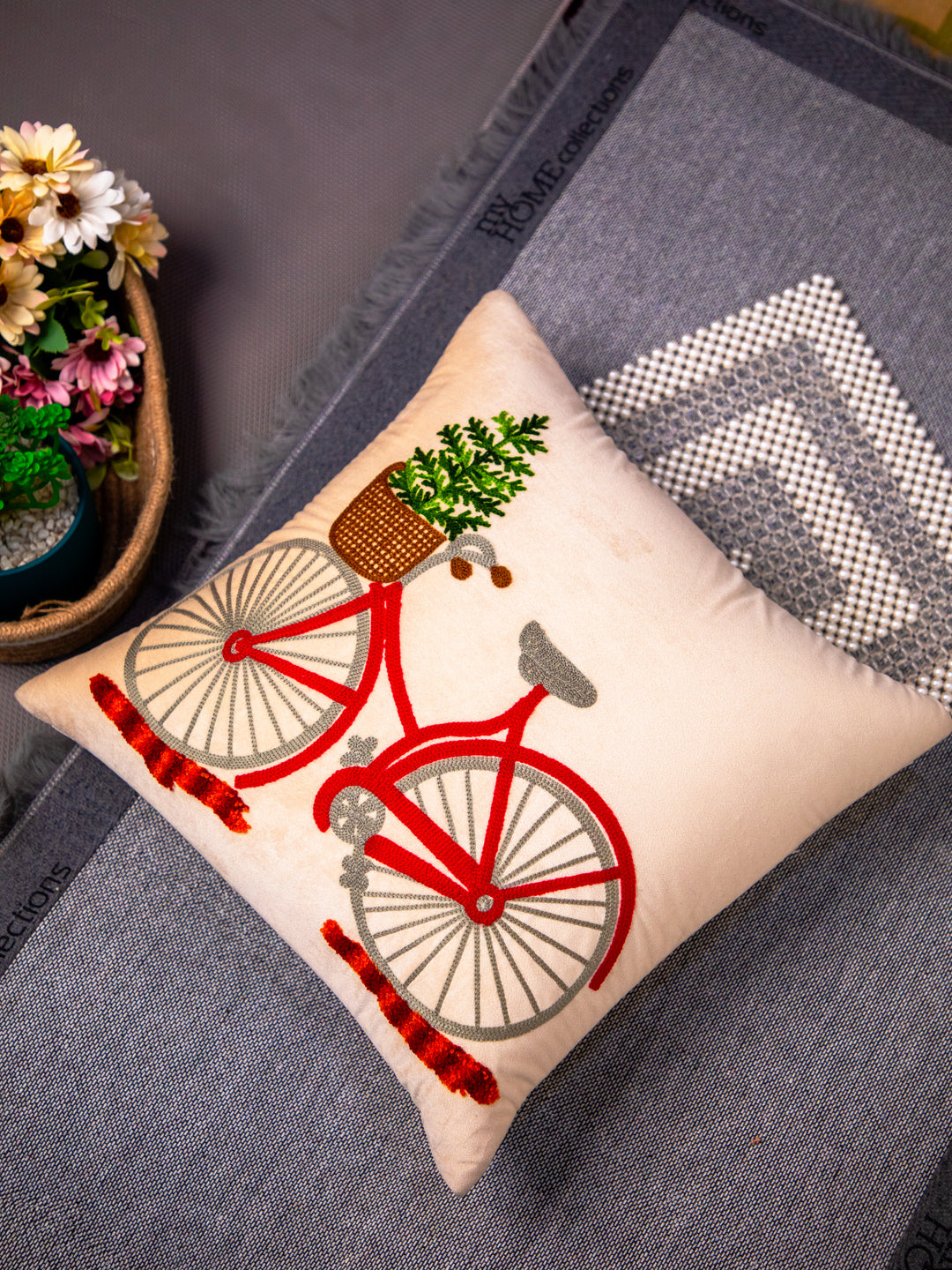 Beige Embroidery Printed Square Cushion Cover