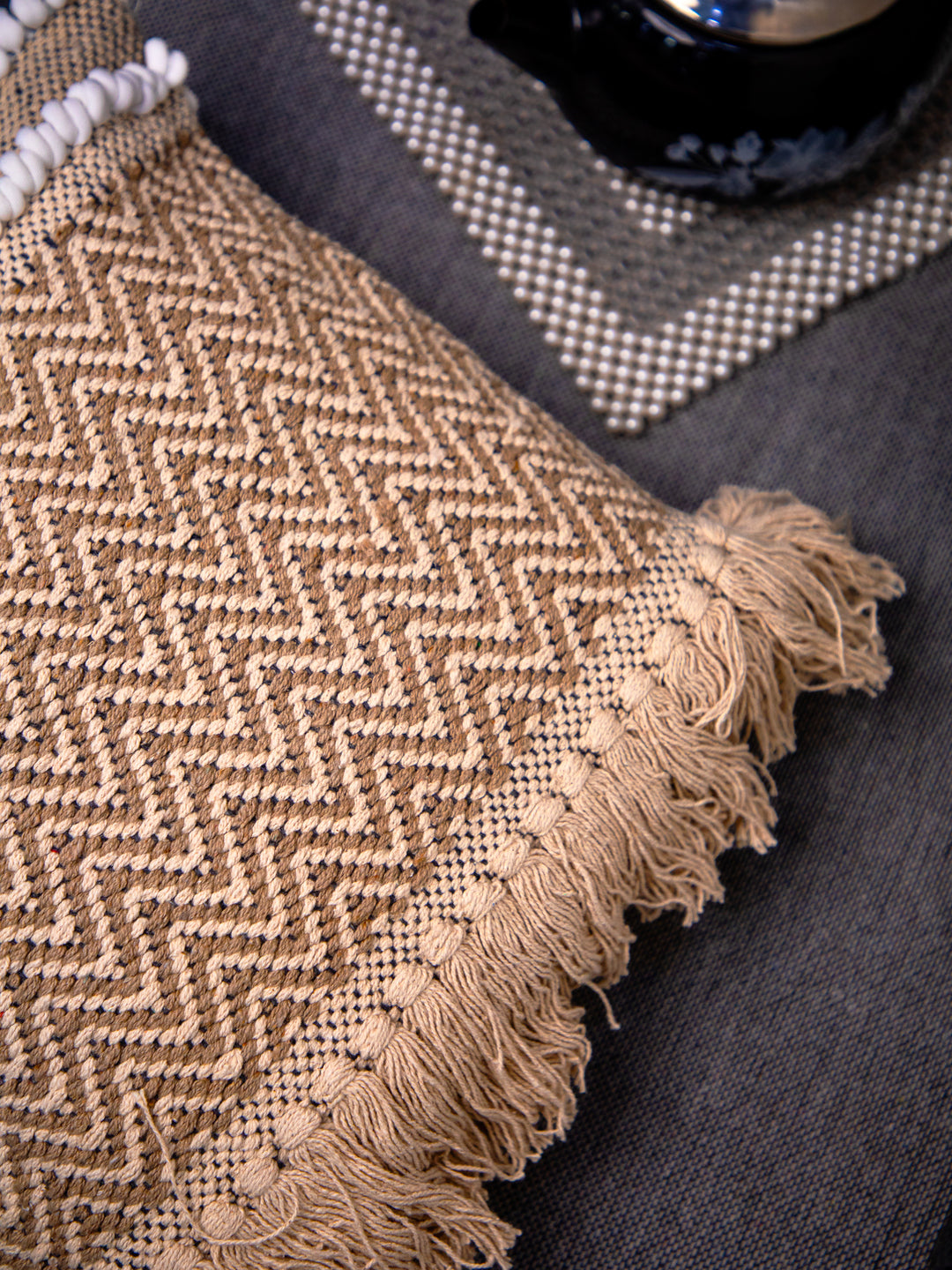 Beige Handloom Square Cushion Cover