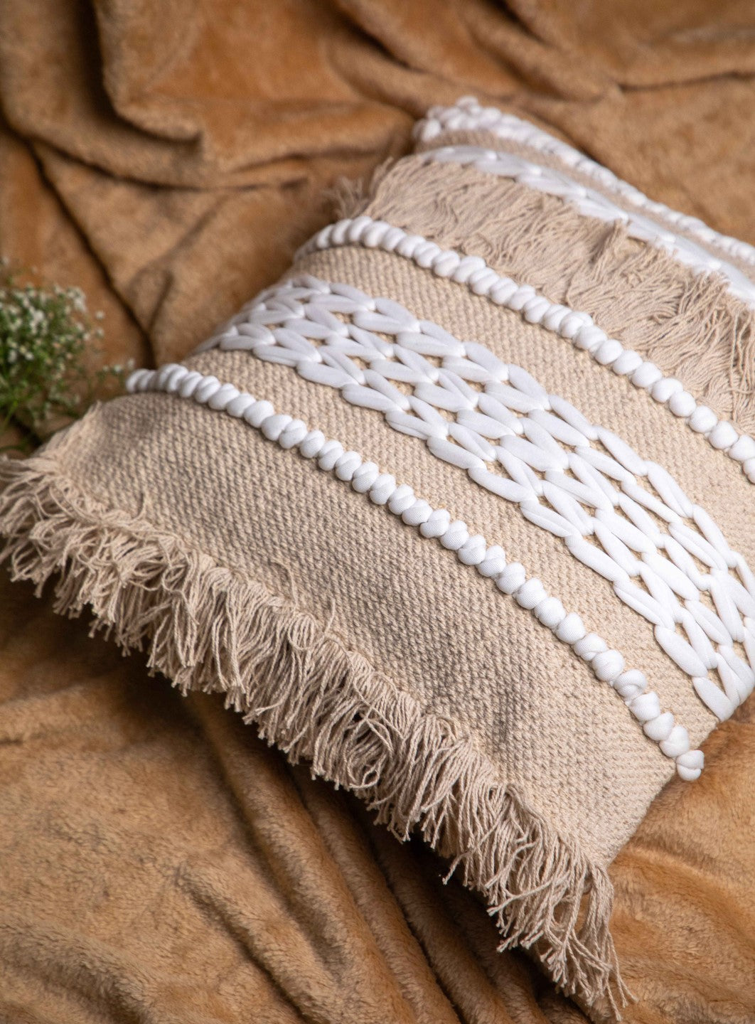 Beige And White Handloom Square Cushion Cover