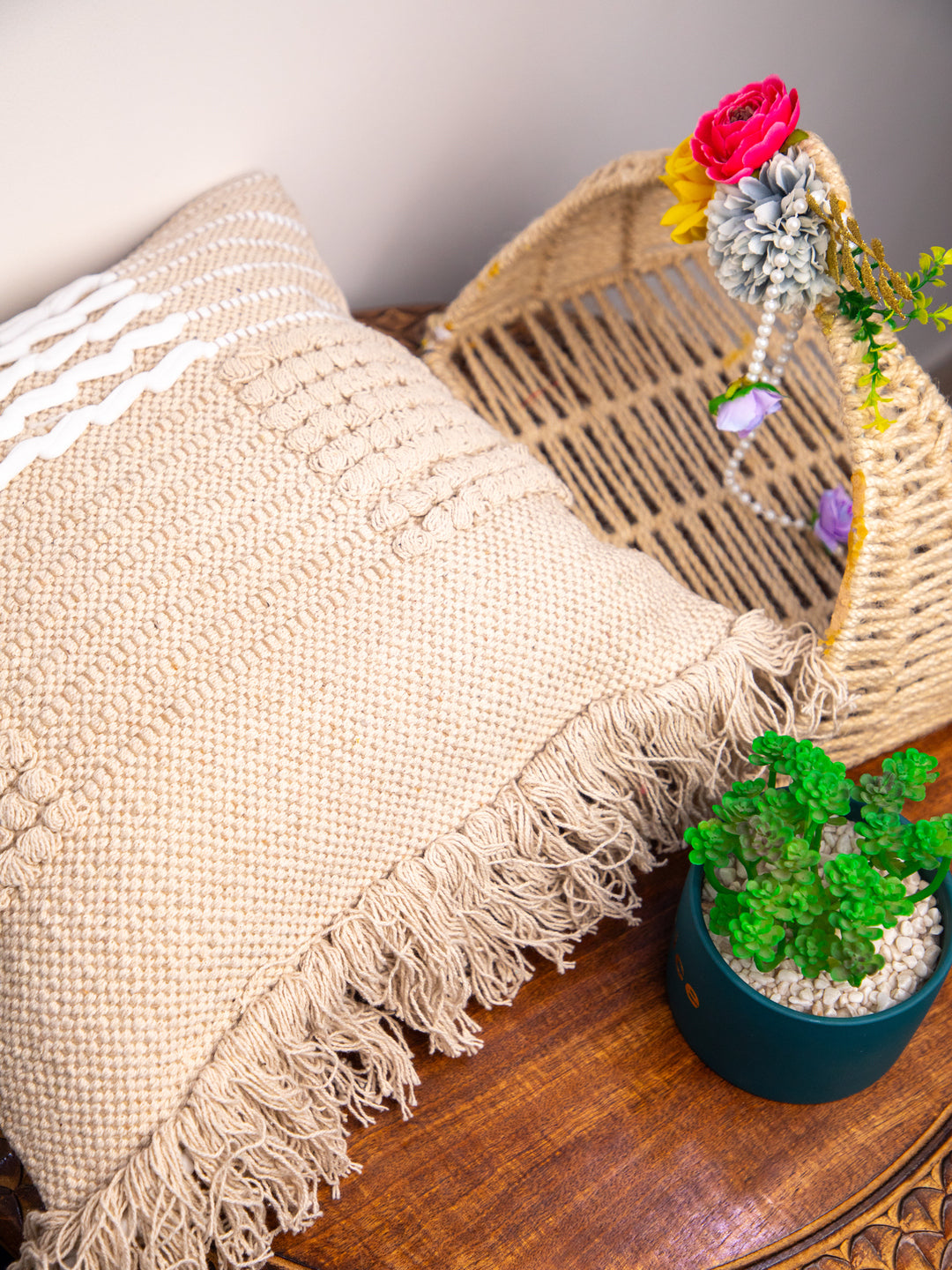 Beige Handloom Square Cushion Cover