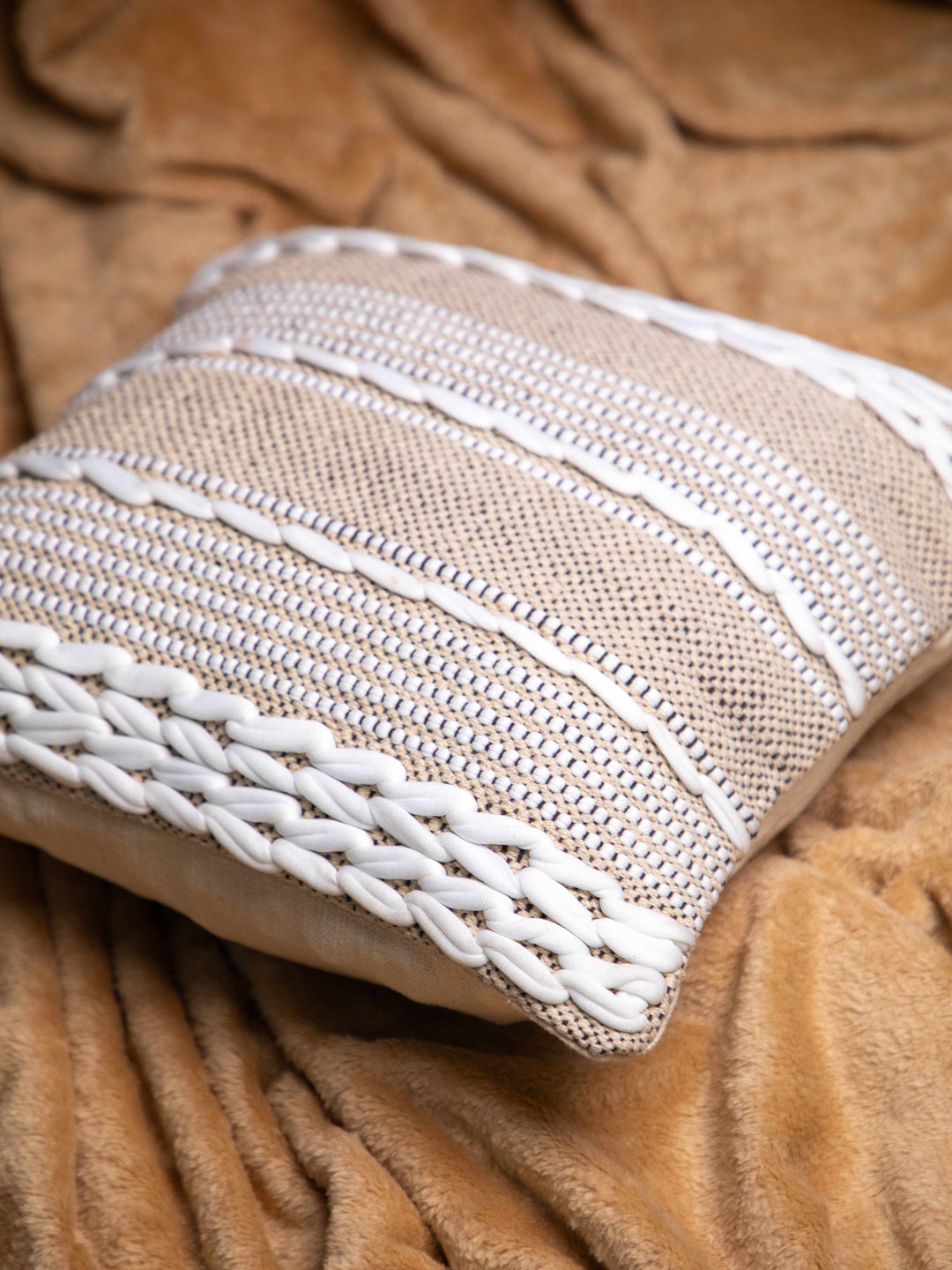 Beige And White Handloom Square Cushion Cover