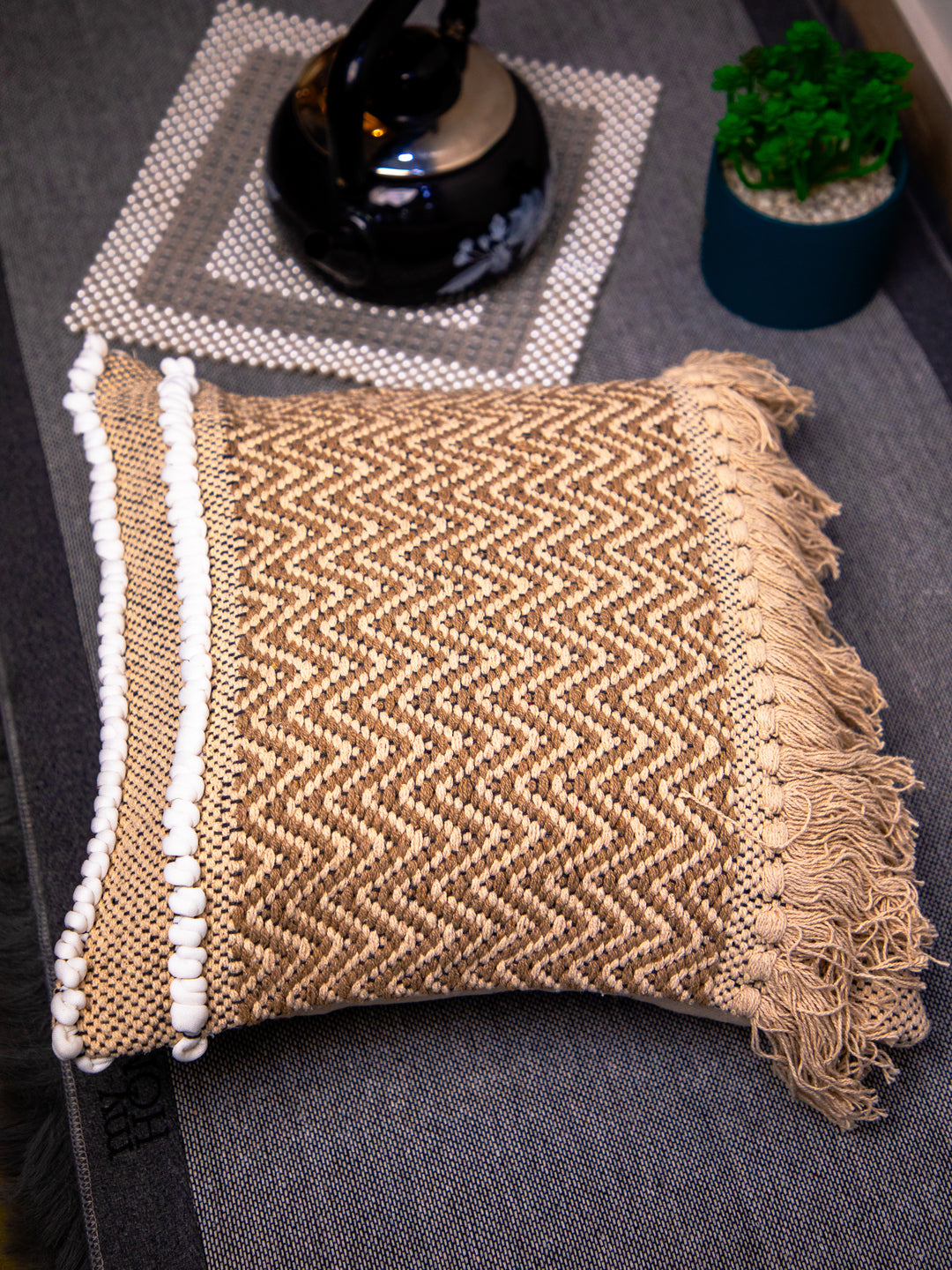 Beige Handloom Square Cushion Cover
