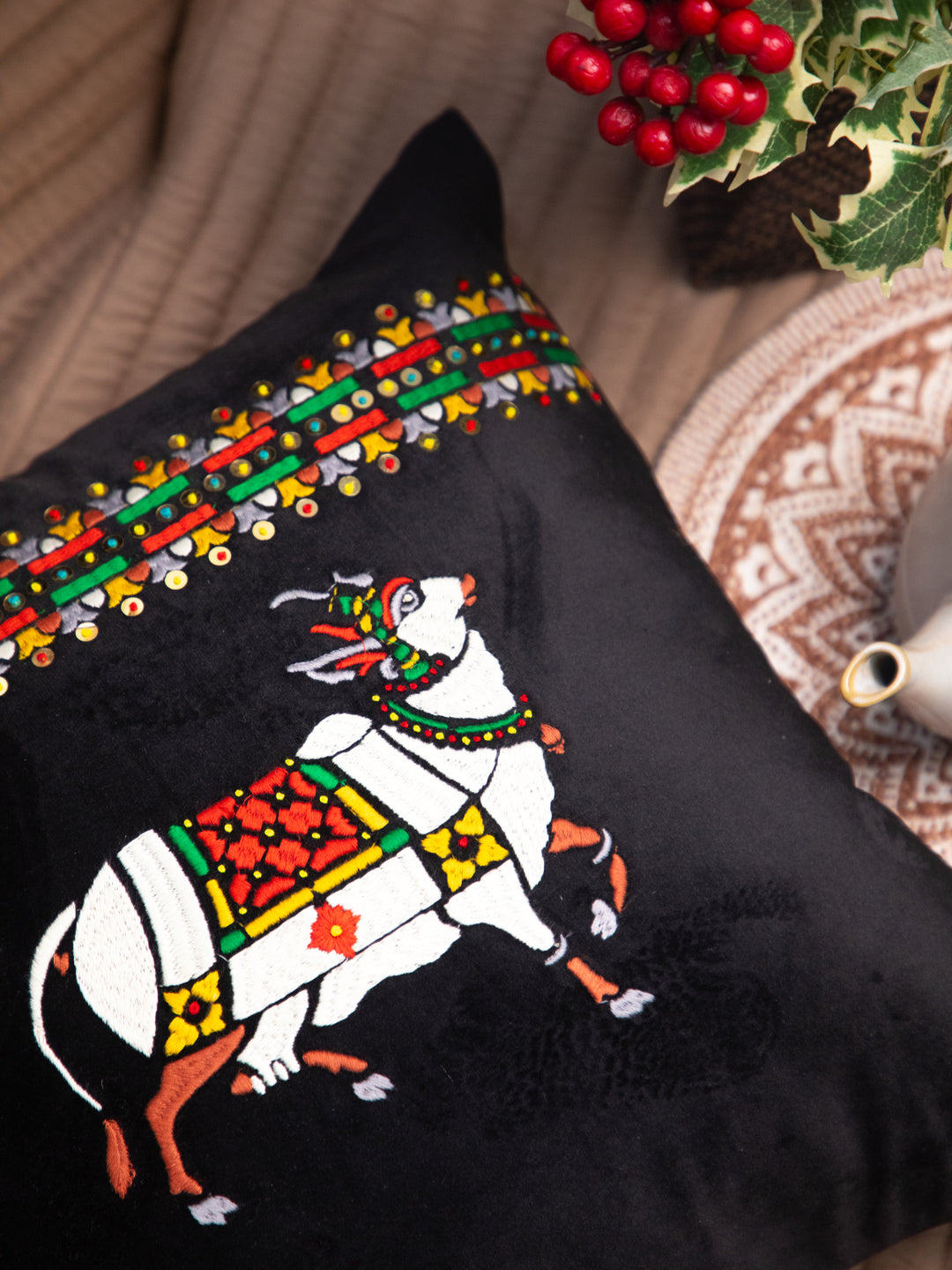 Black Velvet And Animal Print Embroidery Square Cushion Cover