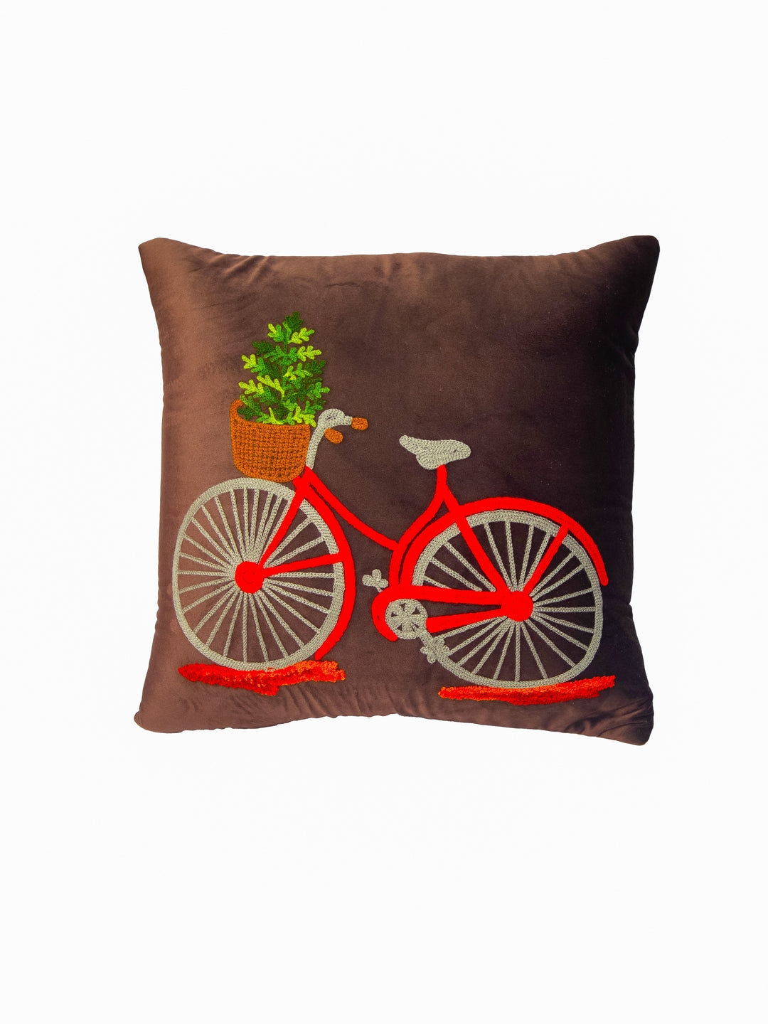 Dark Brown Velvet And Multi Color Embroidery Printed Square Cushion Cover