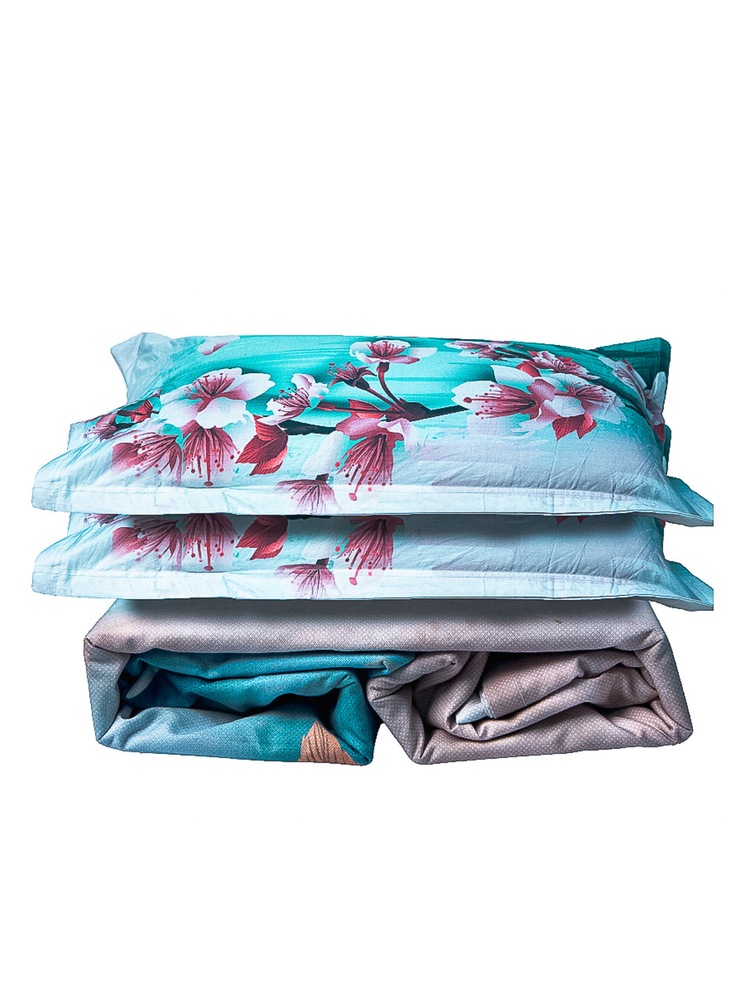 Teal Floral Print 100% Cotton Bedsheet With Pillow Covers