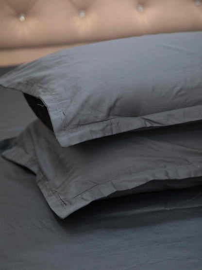 Dark Grey Solid 100% Cotton Solid Bedsheet With Pillow Covers