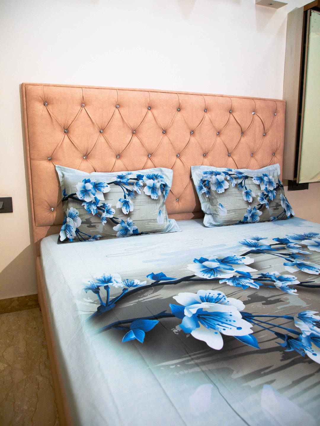 Sky Blue 100% Cotton Floral Print Bedsheet With Pillow Covers