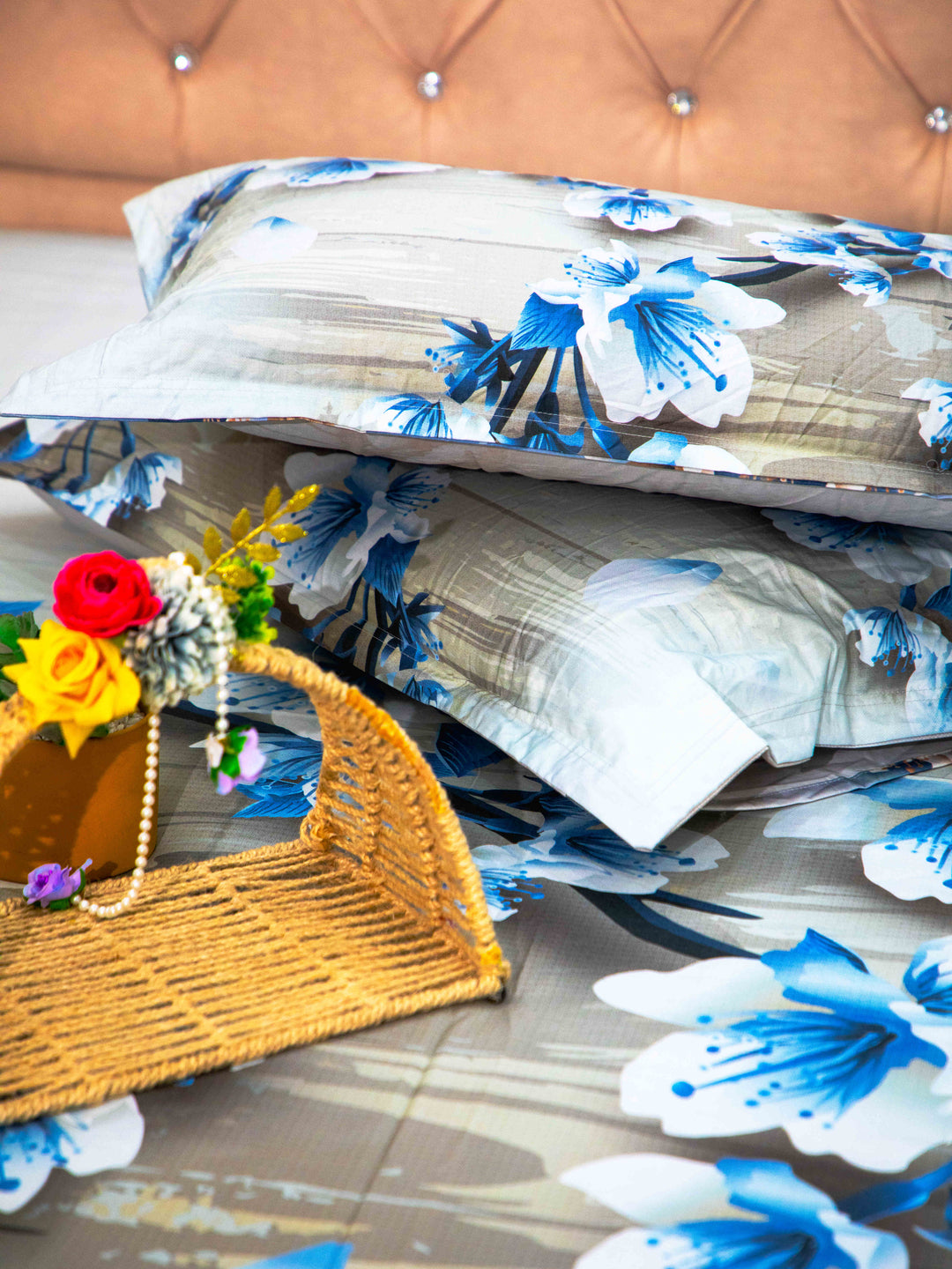 Sky Blue 100% Cotton Floral Print Bedsheet With Pillow Covers