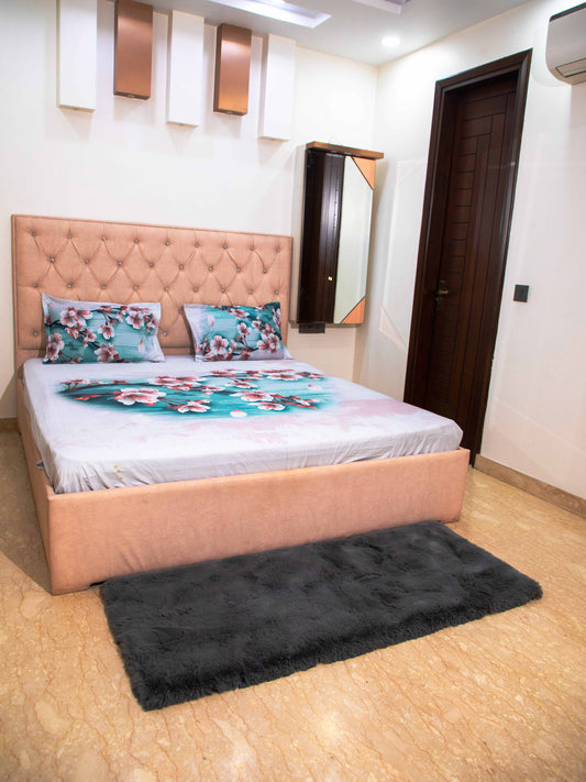 Teal Floral Print 100% Cotton Bedsheet With Pillow Covers