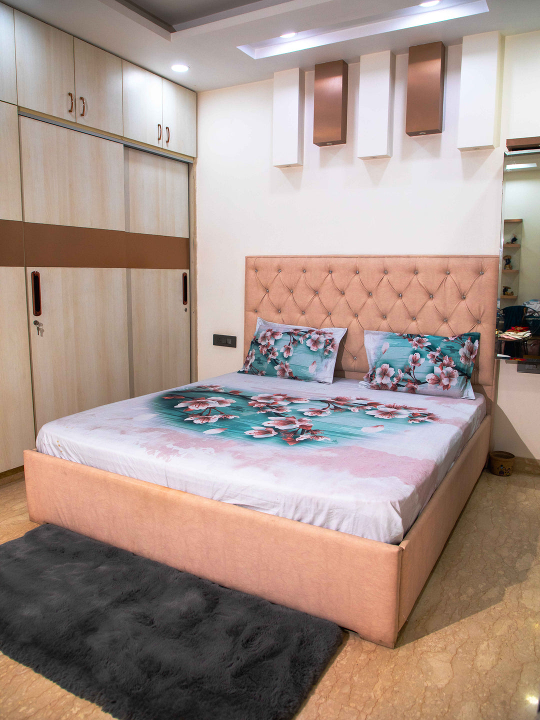 Teal Floral Print 100% Cotton Bedsheet With Pillow Covers