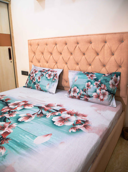 Teal Floral Print 100% Cotton Bedsheet With Pillow Covers