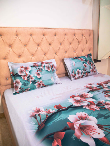 Teal Floral Print 100% Cotton Bedsheet With Pillow Covers