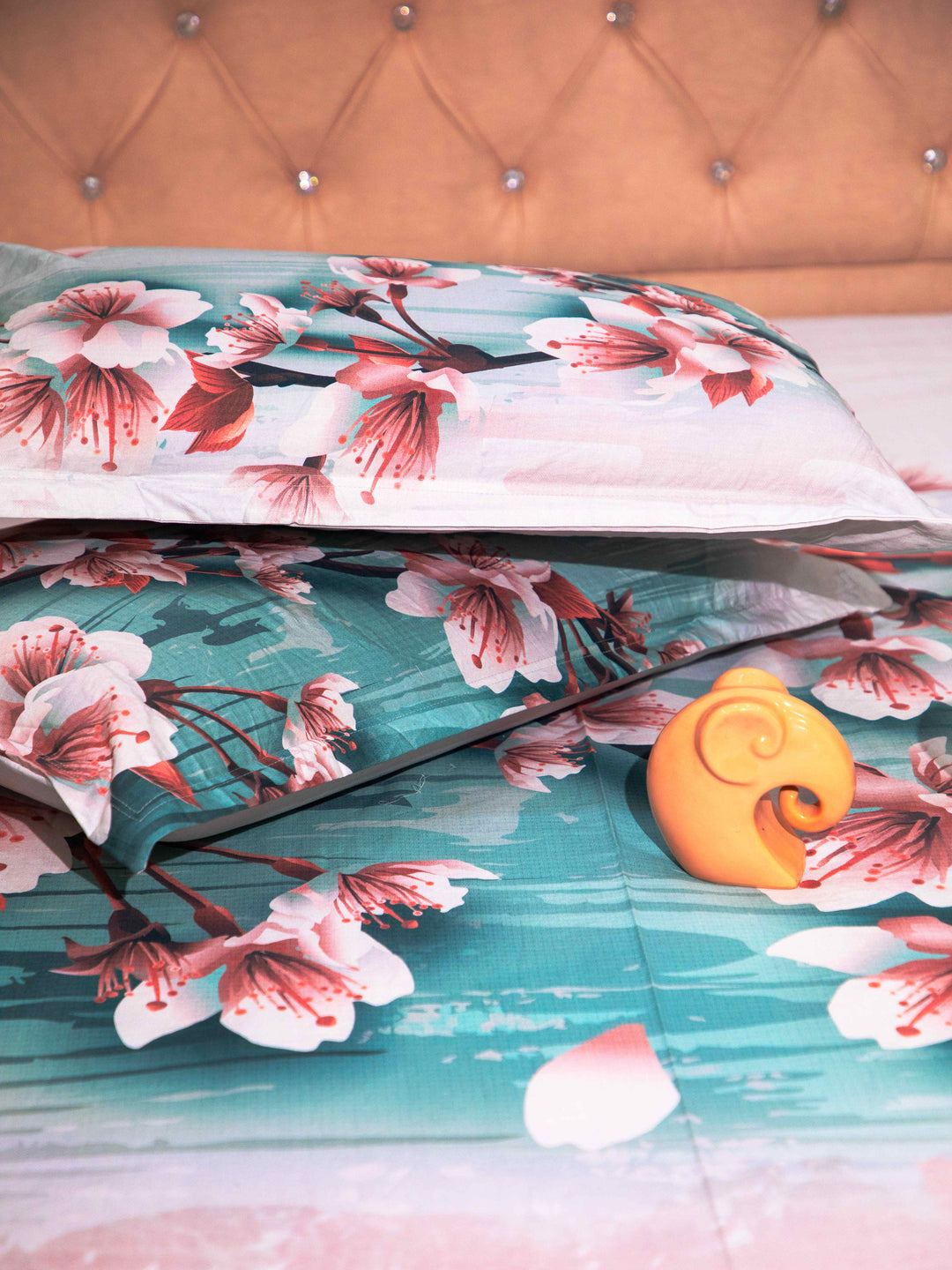 Teal Floral Print 100% Cotton Bedsheet With Pillow Covers