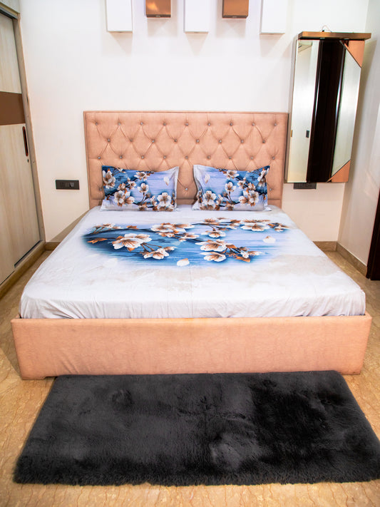 Blue Floral Print 100% Cotton Bedsheet With Pillow Covers