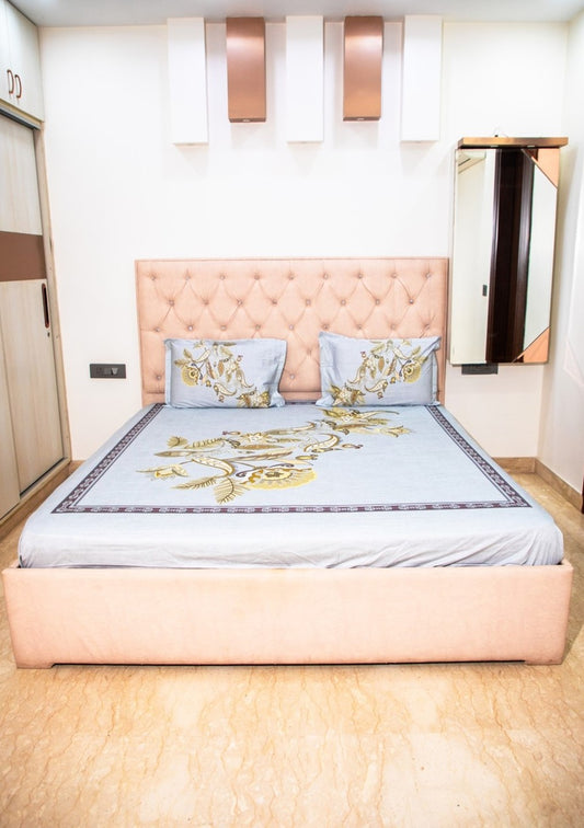 Light Grey 100% Cotton Floral Print Bedsheet With Pillow Covers