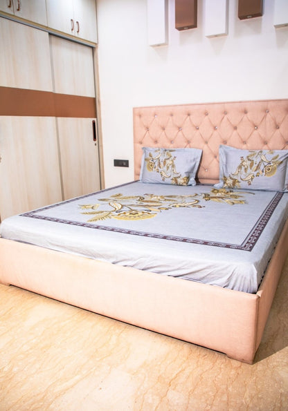 Light Grey 100% Cotton Floral Print Bedsheet With Pillow Covers