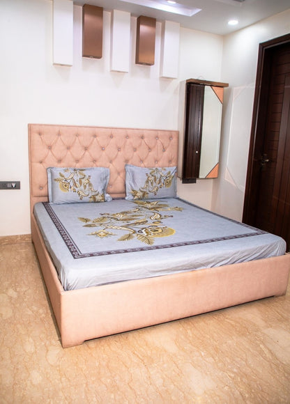 Light Grey 100% Cotton Floral Print Bedsheet With Pillow Covers