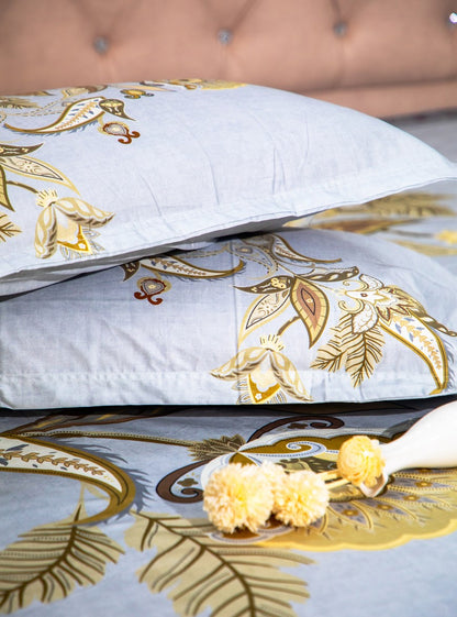 Light Grey 100% Cotton Floral Print Bedsheet With Pillow Covers