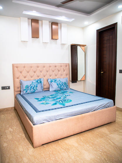 Aqua Floral Print 100% Cotton Flower Print Bedsheet With Pillow Covers