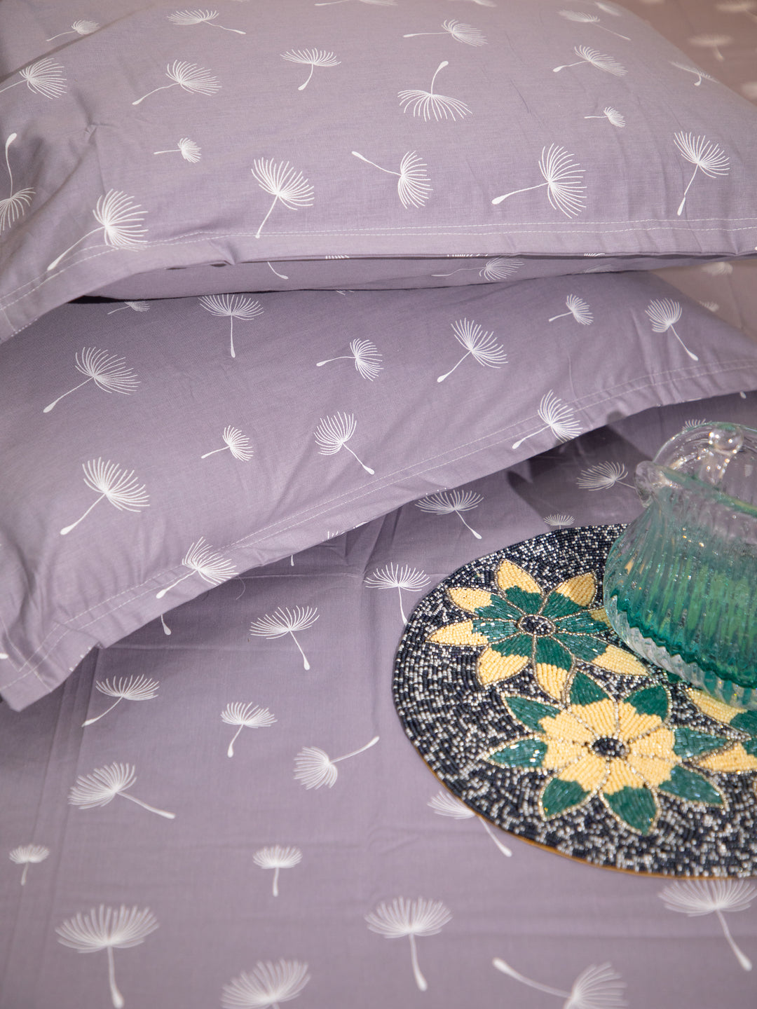 Purple Wish Leaf Print 100% Cotton King Bedsheet With Pillow Covers