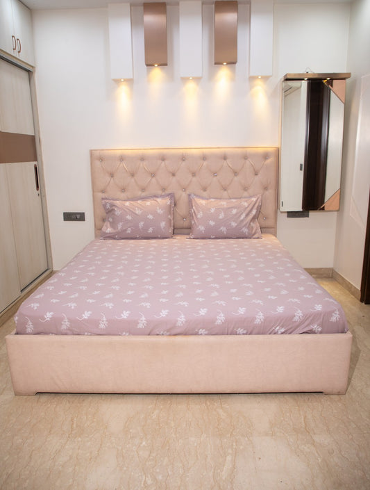 Rose Pink Leaf Print 100% Cotton King Bedsheet With Pillow Covers