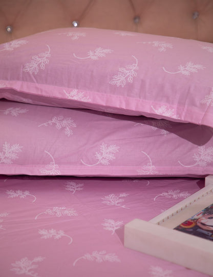 Candy Pink Leaf Print 100% Cotton King Bedsheet With Covers