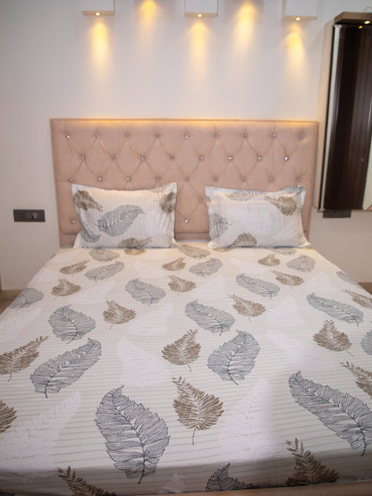 Off White Leaf Print 100% Cotton King Bedsheet With Pillow Covers