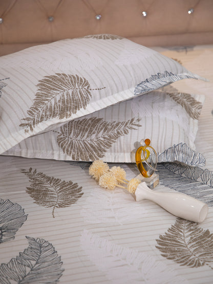 Off White Leaf Print 100% Cotton King Bedsheet With Pillow Covers