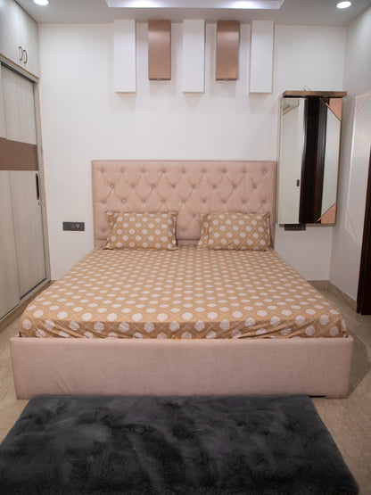 Tan Base White Motif Print 100% Cotton King Bedsheet With Pillow Covers