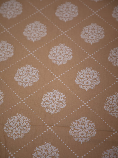 Tan Base White Motif Print 100% Cotton King Bedsheet With Pillow Covers