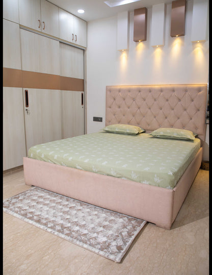 Mint Green Leaf Print 100% Cotton King Bedsheet With Pillow Covers