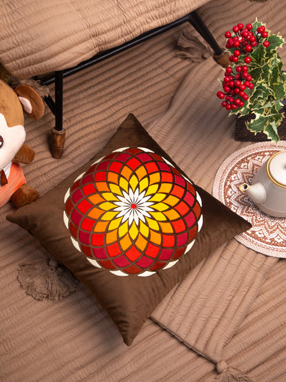 Brown Velvet And Multicolor Flower Embroidery Square Cushion Cover
