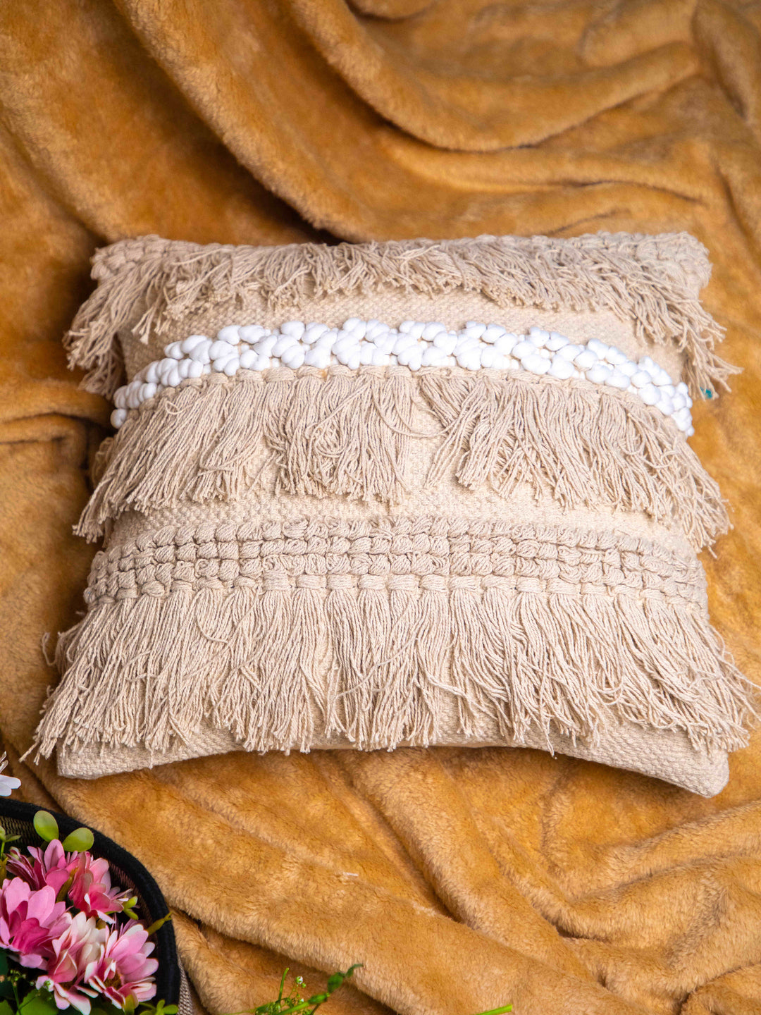Beige And White Handloom  Square Cushion Cover