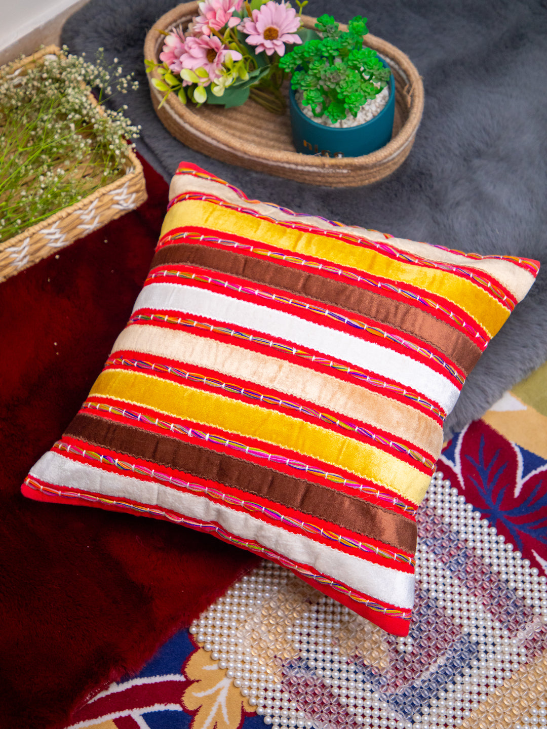 Multicolor Velvet Embroidery Square Cushion Cover