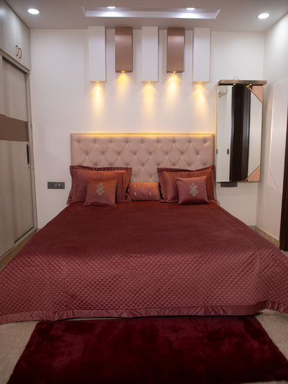 Maroon Quilted Embroidered Velvet Double Bedcover With 2 Pillow Covers and 2 Cushion Covers, 1 Highlighter