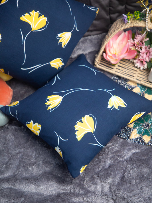 Navy Blue &amp; Flower Cotton Square Cushion Cover Set Off 2 Blue