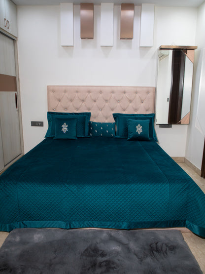 Teal Quilted Embroidered Cotton Double Bedcover With 2 pillow covers and 3 cushion covers
