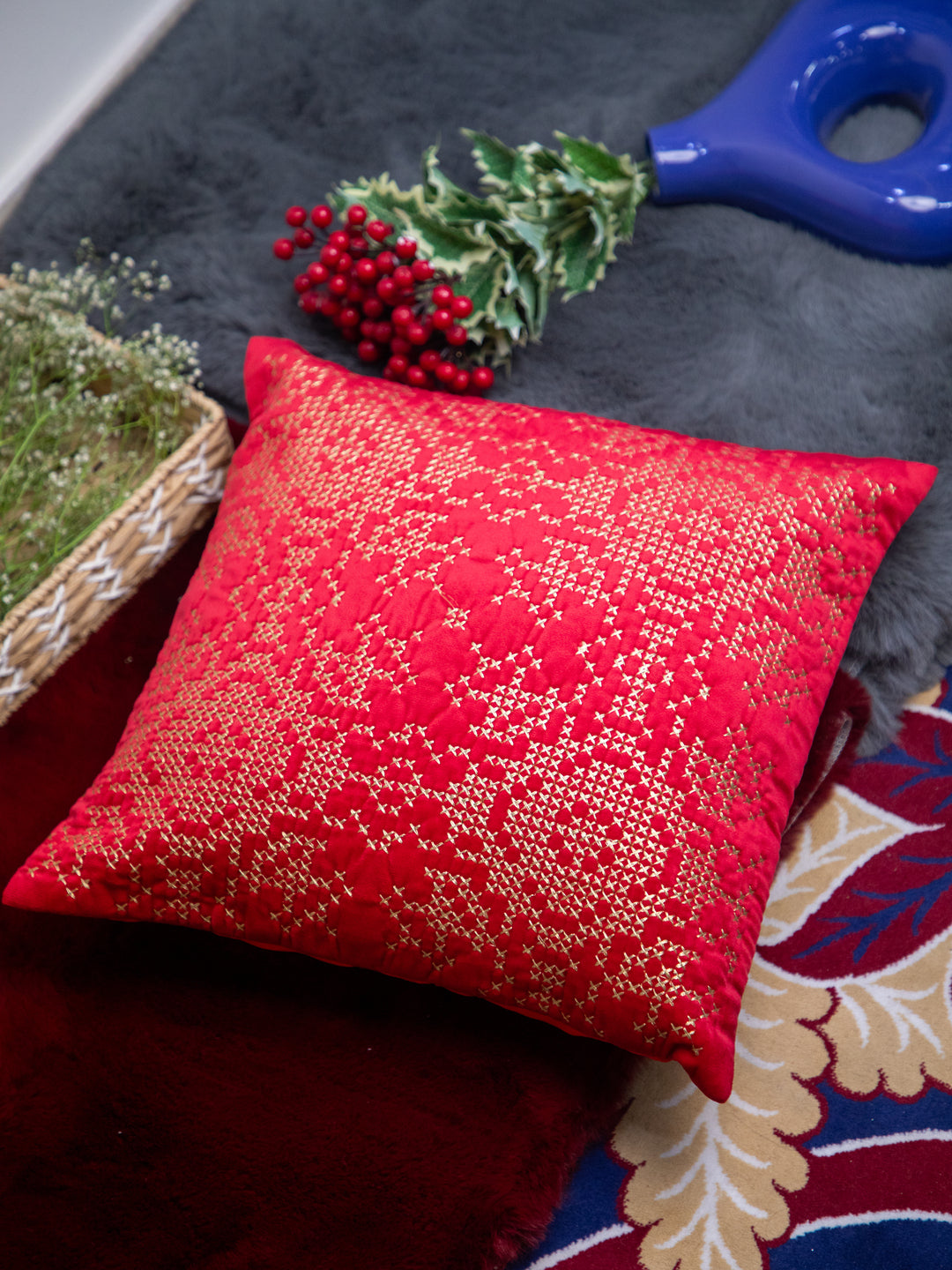 Red Velvet And Golden Embroidery Square Cushion Cover