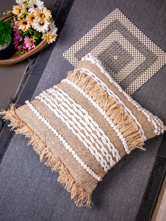 Beige And White Handloom &nbsp;Square Cushion Cover