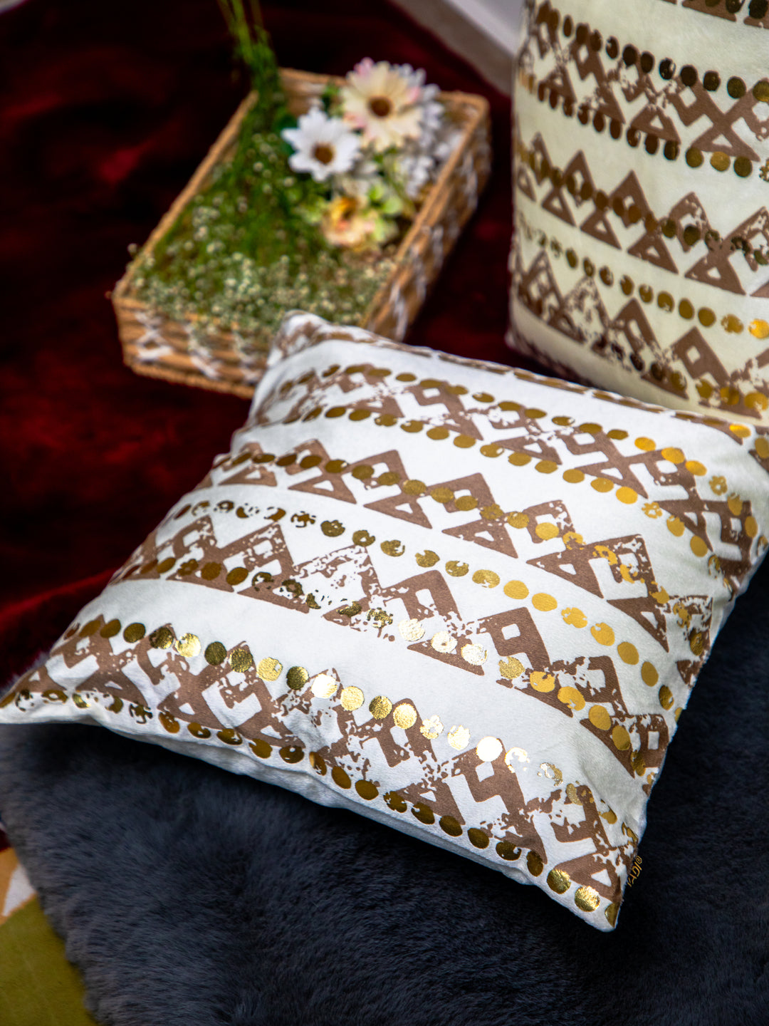 White Velvet And Brown, Golden Foil Printed Square Cushion Cover