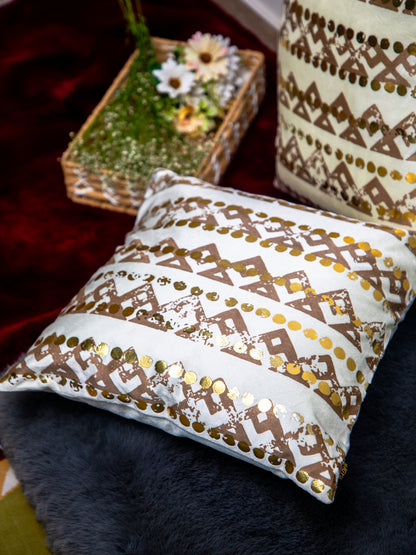 White Velvet And Brown, Golden Foil Printed Square Cushion Cover