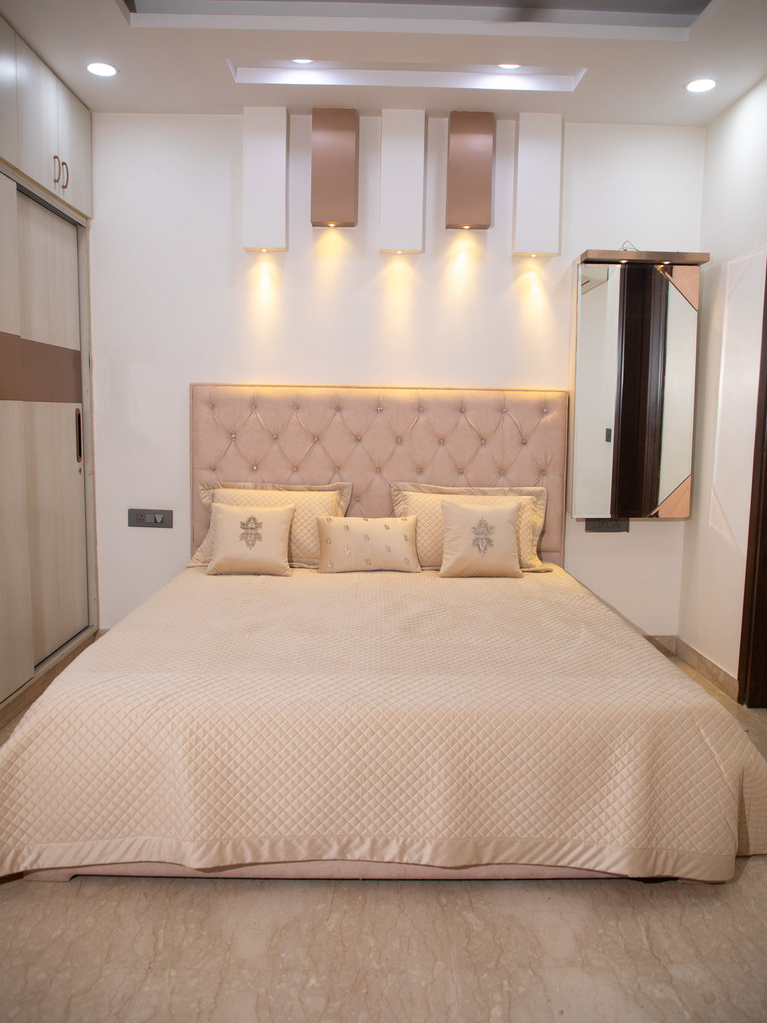 Beige Quilted Velvet Double Bedcover With 2 Pillow Covers and 2 Cushion Covers, 1 Highlighter