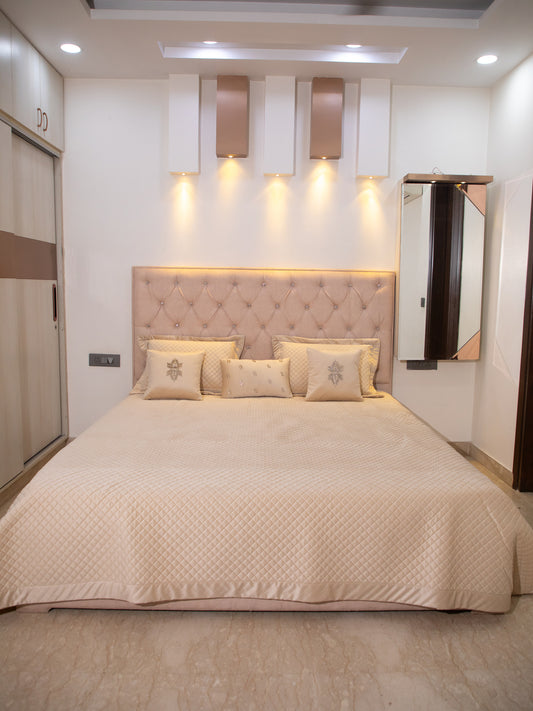 Beige Quilted Velvet Double Bedcover With 2 Pillow Covers and 2 Cushion Covers, 1 Highlighter