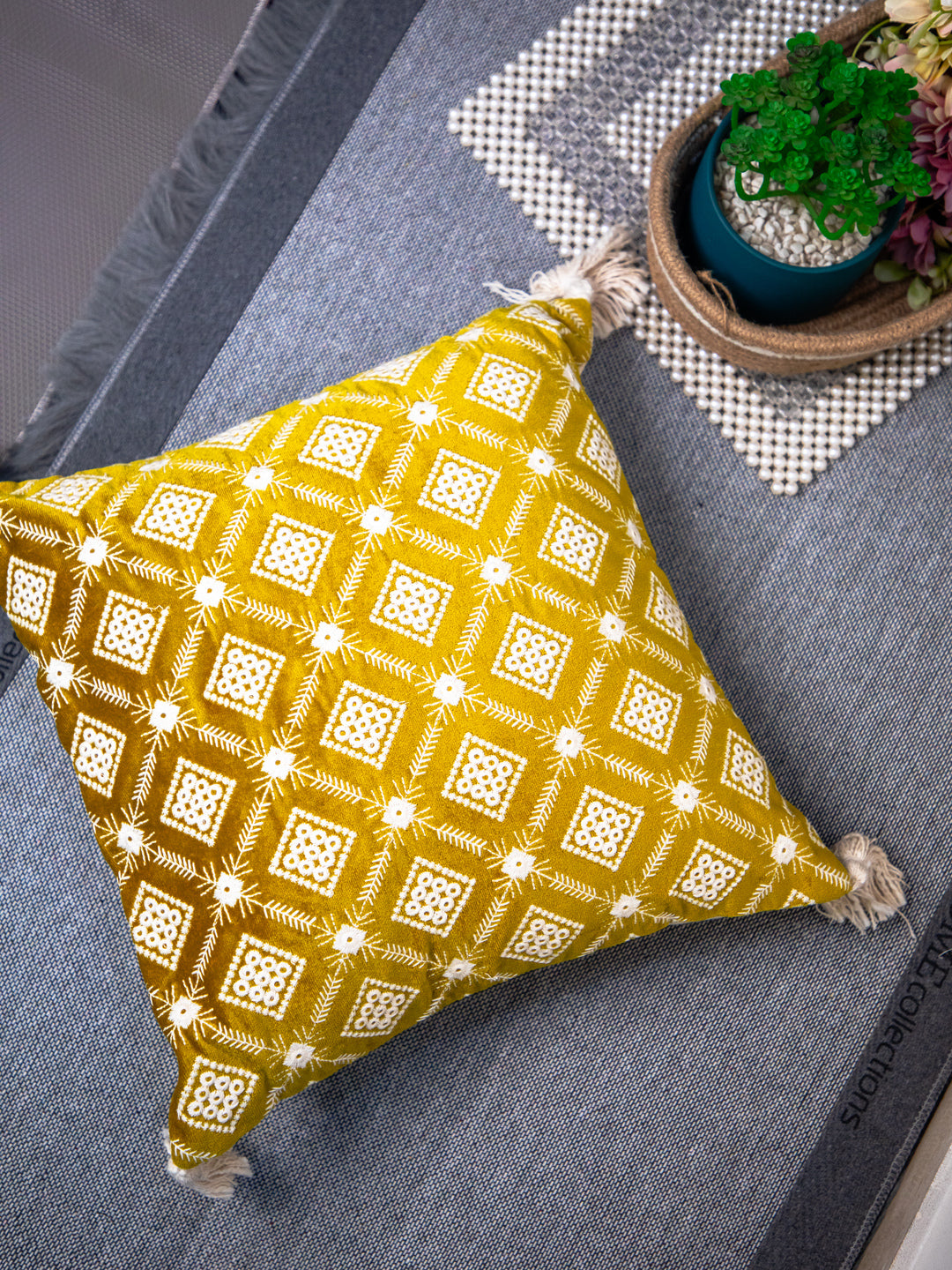 Mustard And white Velvet Embroidery Square Cushion Cover