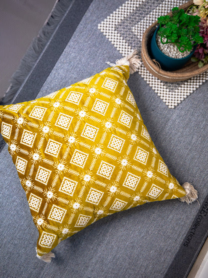 Mustard And white Velvet Embroidery Square Cushion Cover