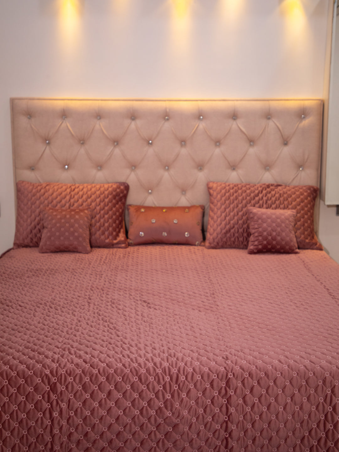 Rust Quilted Embroidered Velvet Double Bedcover With 2 Pillow Covers and 2 Cushion Covers, 1 Highlighter