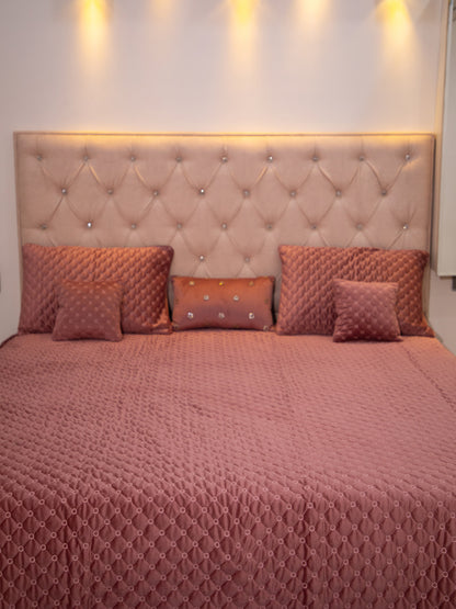 Rust Quilted Embroidered Velvet Double Bedcover With 2 Pillow Covers and 2 Cushion Covers, 1 Highlighter
