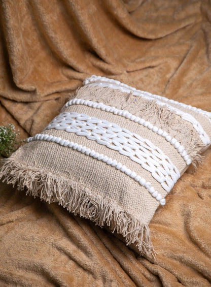 Beige And White Handloom  Square Cushion Cover