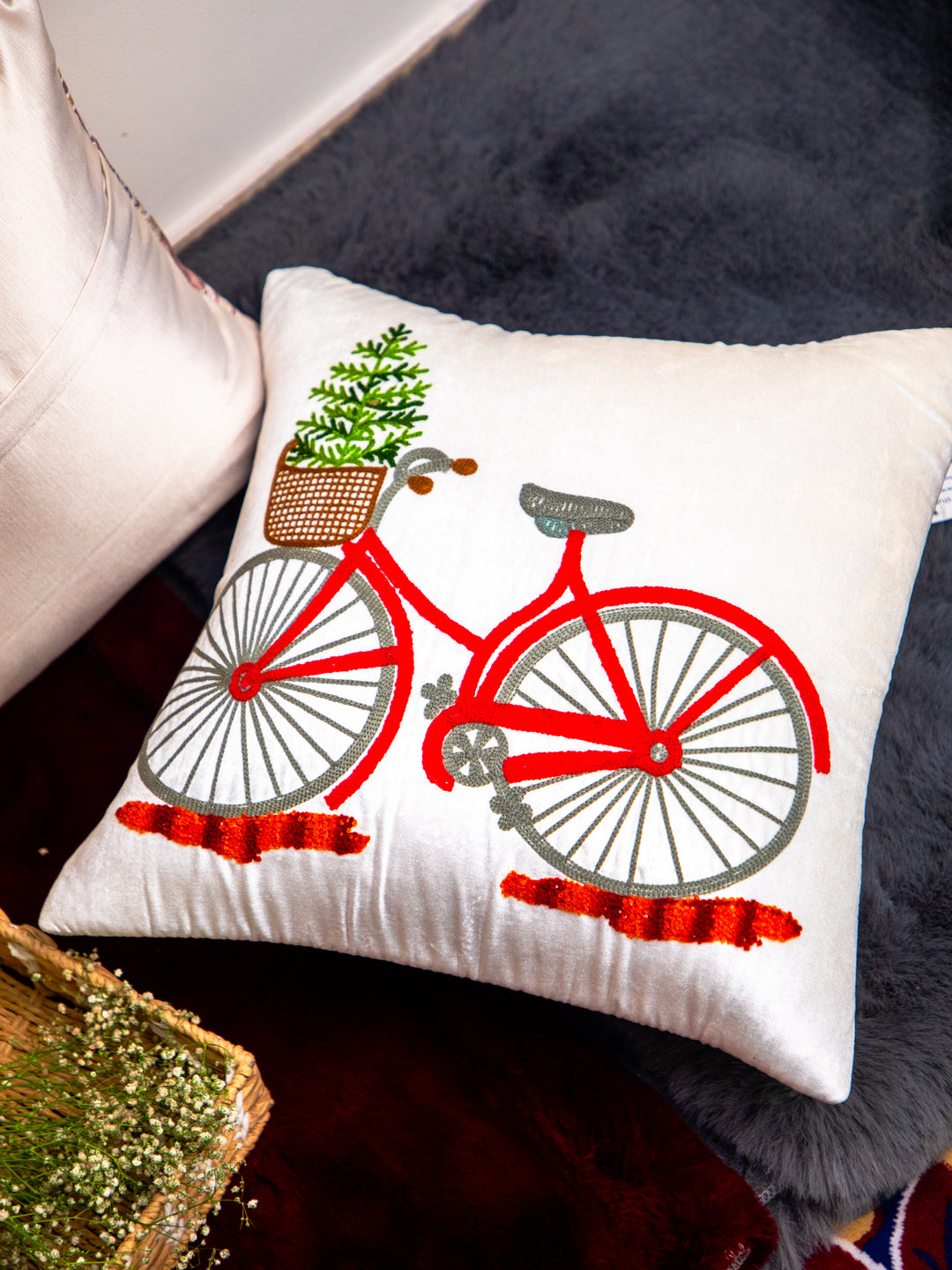 White & Multi-Color Embroidery &nbsp;Work Square Cushion Cover
